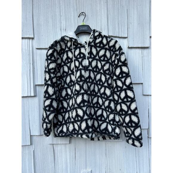 Pacsun Peace Sign Sherpa Hoodie Black White‎ Cozy Warm Zip Up Jacket Size L - Picture 2 of 8